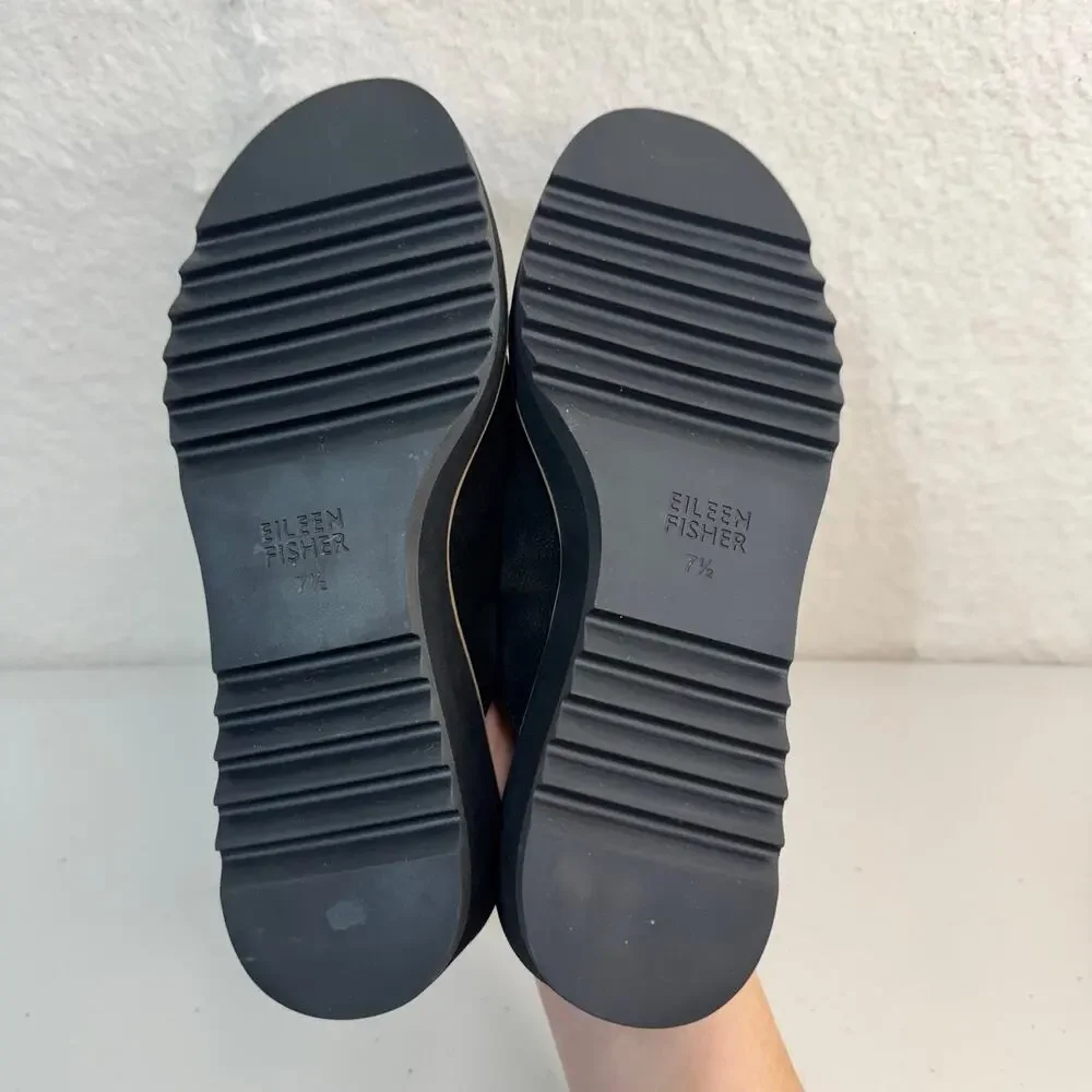Eileen Fisher Loti Black Tumbled Nubuck Leather Slip-On Wedge Mule Clog Shoe 7.5